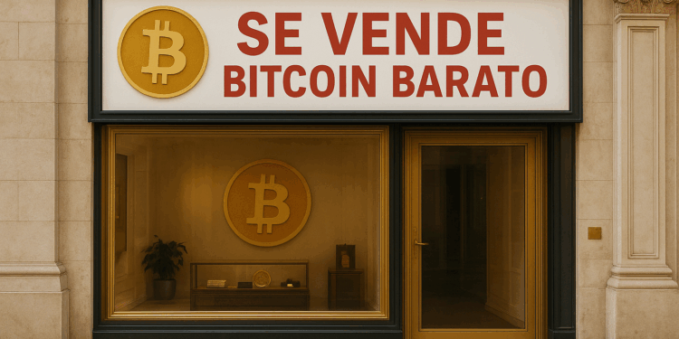 achada de una tienda moderna y elegante dedicada a Bitcoin. En la parte superior, un gran cartel blanco con letras rojas dice “SE VENDE BITCOIN BARATO”, acompañado del logotipo dorado de Bitcoin: una “B” mayúscula atravesada por dos líneas verticales.