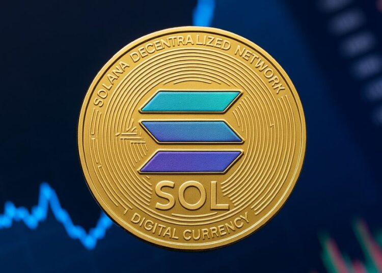 Una moneda dorada de Solana sobre gráficos de precios.