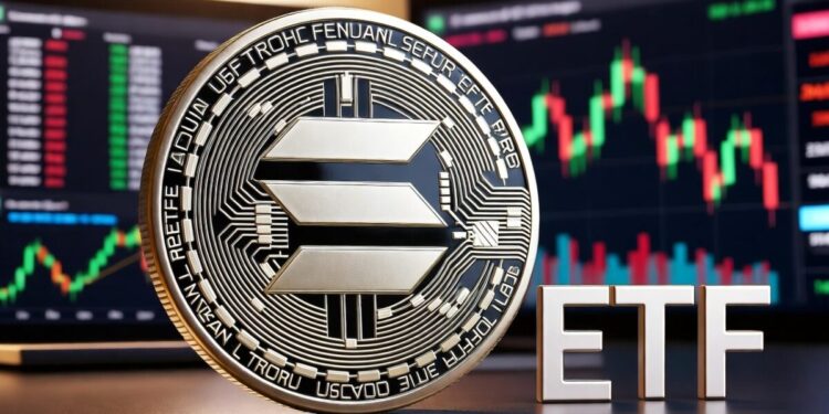 Moneda plateada de Solana que se encuentra en posición vertical sobre una superficie reflectante con la palabra "ETF" en letras mayúsculas blancas y doradas a la derecha. En el fondo, dos monitores de computadora muestran gráficos financieros con líneas verdes y rojas.