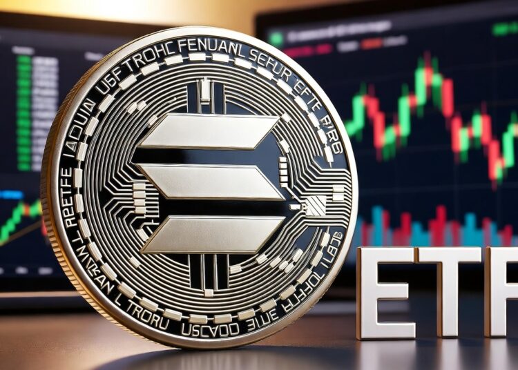 Moneda plateada de Solana que se encuentra en posición vertical sobre una superficie reflectante con la palabra "ETF" en letras mayúsculas blancas y doradas a la derecha. En el fondo, dos monitores de computadora muestran gráficos financieros con líneas verdes y rojas.
