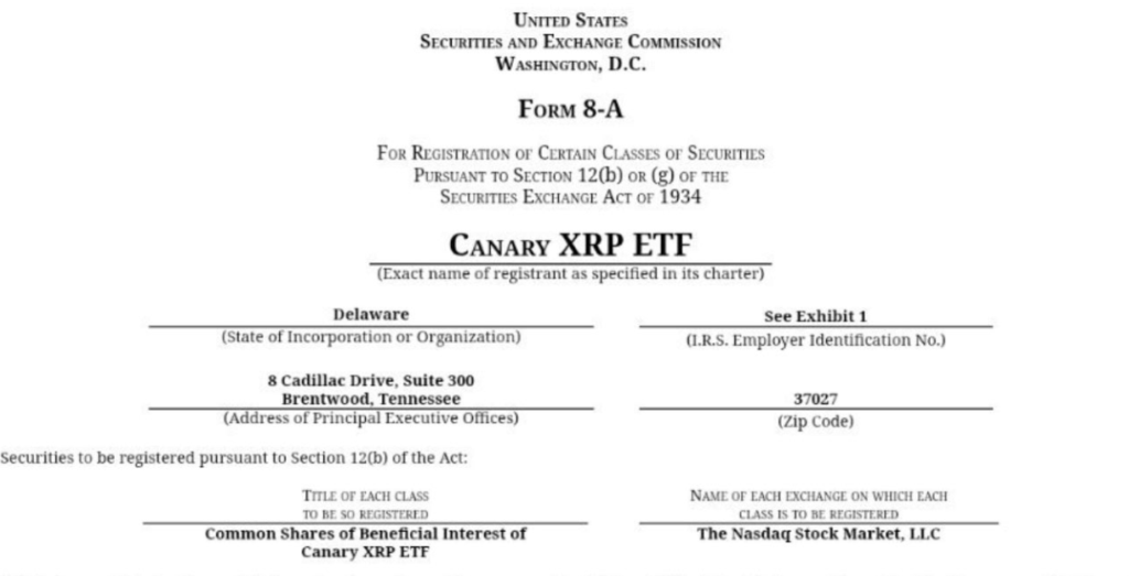 Formulario presentado ante la SEC para la aprobación de un ETF de XRP.