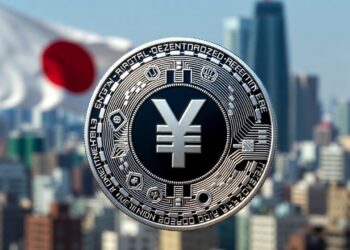 Una criptomoneda con el símbolo del yen en el centro con un fondo de la bandera de Japón ondeando y el skyline de Tokio.