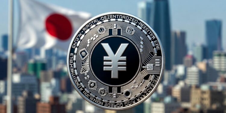 Una criptomoneda con el símbolo del yen en el centro con un fondo de la bandera de Japón ondeando y el skyline de Tokio.
