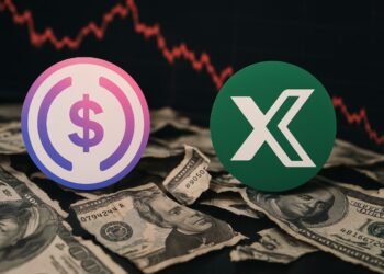 Logo de deUSD y USDX sobre billetes de dólar rotos y de fondo una gráfica roja.