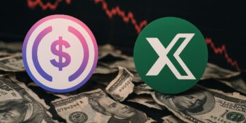 Logo de deUSD y USDX sobre billetes de dólar rotos y de fondo una gráfica roja.