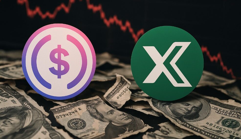 Logo de deUSD y USDX sobre billetes de dólar rotos y de fondo una gráfica roja.