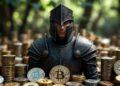 Un caballero medieval con armadura negra y montones de monedas físicas de bitcoin apiladas como un tesoro fortificado.