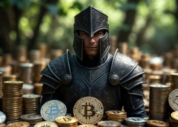 Un caballero medieval con armadura negra y montones de monedas físicas de bitcoin apiladas como un tesoro fortificado.