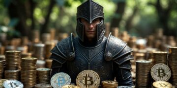 Un caballero medieval con armadura negra y montones de monedas físicas de bitcoin apiladas como un tesoro fortificado.