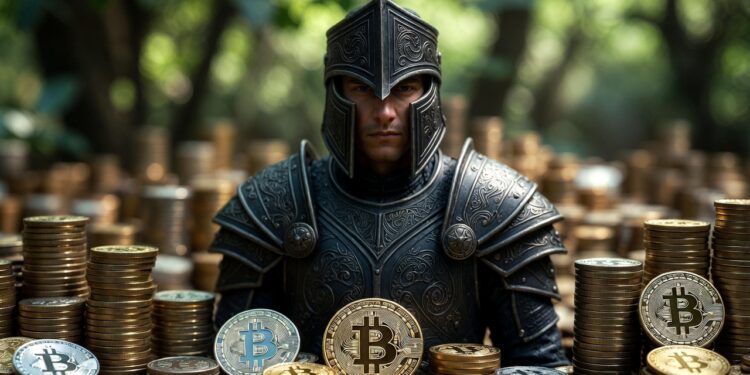 Un caballero medieval con armadura negra y montones de monedas físicas de bitcoin apiladas como un tesoro fortificado.