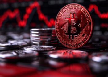 Moneda física de bitcoin con otras monedas alrededor y gráficas rojas.