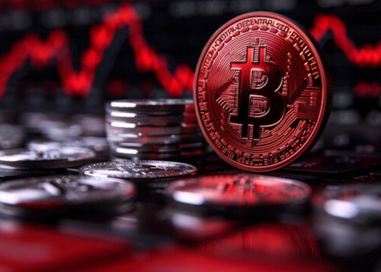 Moneda física de bitcoin con otras monedas alrededor y gráficas rojas.