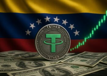 Moneda física de USDT sobre billetes de dólar, con la bandera de Venezuela en el fondo y una gráfica en verde.