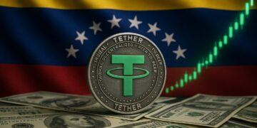 Moneda física de USDT sobre billetes de dólar, con la bandera de Venezuela en el fondo y una gráfica en verde.