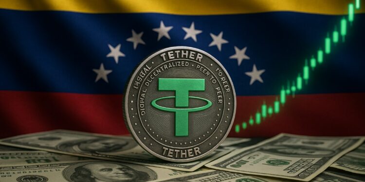 Moneda física de USDT sobre billetes de dólar, con la bandera de Venezuela en el fondo y una gráfica en verde.