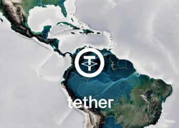 Mapa de parte de Latinoamérica, con el logo de Tether.