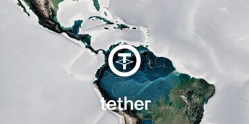 Mapa de parte de Latinoamérica, con el logo de Tether.