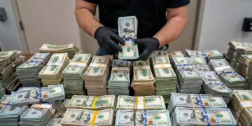 Cientos de billetes (dólares) siendo confiscados.