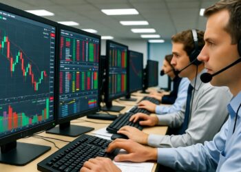 Una fila de operadores de bolsa sentados frente a múltiples monitores en una oficina que muestran gráficos de velas japonesas y datos financieros, típicos de los mercados de valores o criptomonedas.