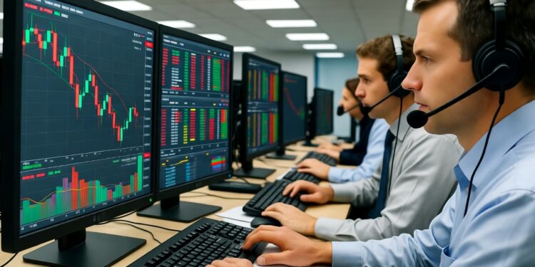Una fila de operadores de bolsa sentados frente a múltiples monitores en una oficina que muestran gráficos de velas japonesas y datos financieros, típicos de los mercados de valores o criptomonedas.