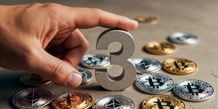 Una mano señala con el dedo índice un número 3 y su alrededor se disponen varias monedas físicas de criptomonedas.