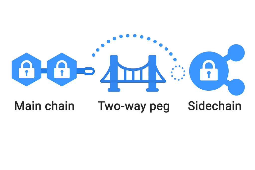 Infografía horizontal con tres partes: una cadena principal con candados, un puente central, y una cadena lateral con tokens replicados. Cada sección está etiquetada: Main chain, Bridge (Peg), Sidechain.