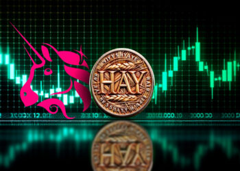 Una moneda física de haycoin delante de gráfico de precios y el logo de Uniswap.