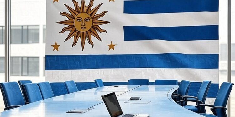 bandera de uruguay frente a una mesa ejecutiva