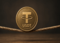 Una moneda física de USDT hecha de metal dorado, equilibrada sobre una cuerda floja de fibras gruesas.