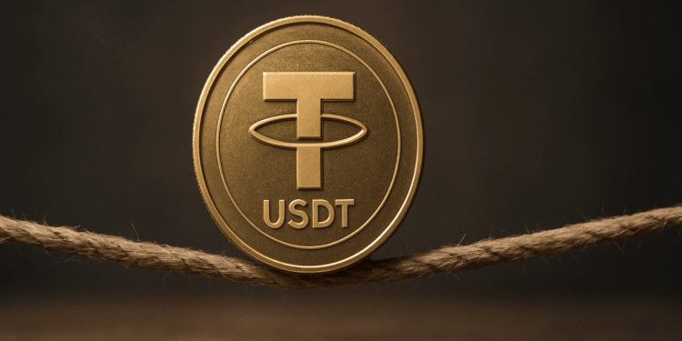 Una moneda física de USDT hecha de metal dorado, equilibrada sobre una cuerda floja de fibras gruesas.