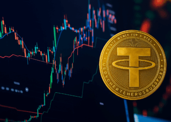 Gráfico financiero con una moneda dorada de Tether (USDT) sobre un fondo digital con velas de trading