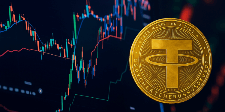 Gráfico financiero con una moneda dorada de Tether (USDT) sobre un fondo digital con velas de trading