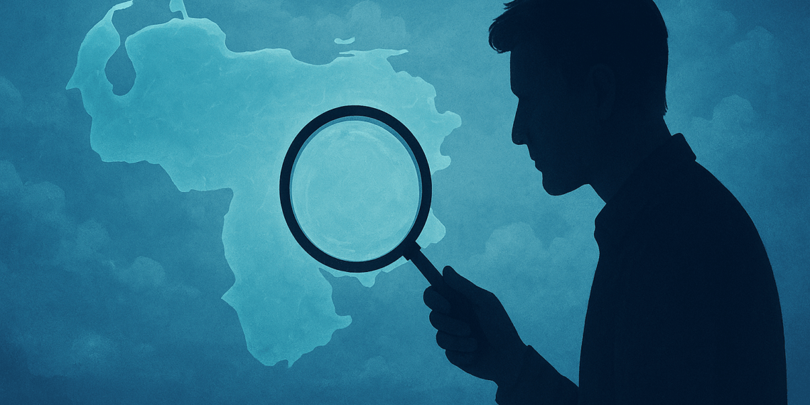 Figura sombría con lupa en la mano sobre mapa de Venezuela