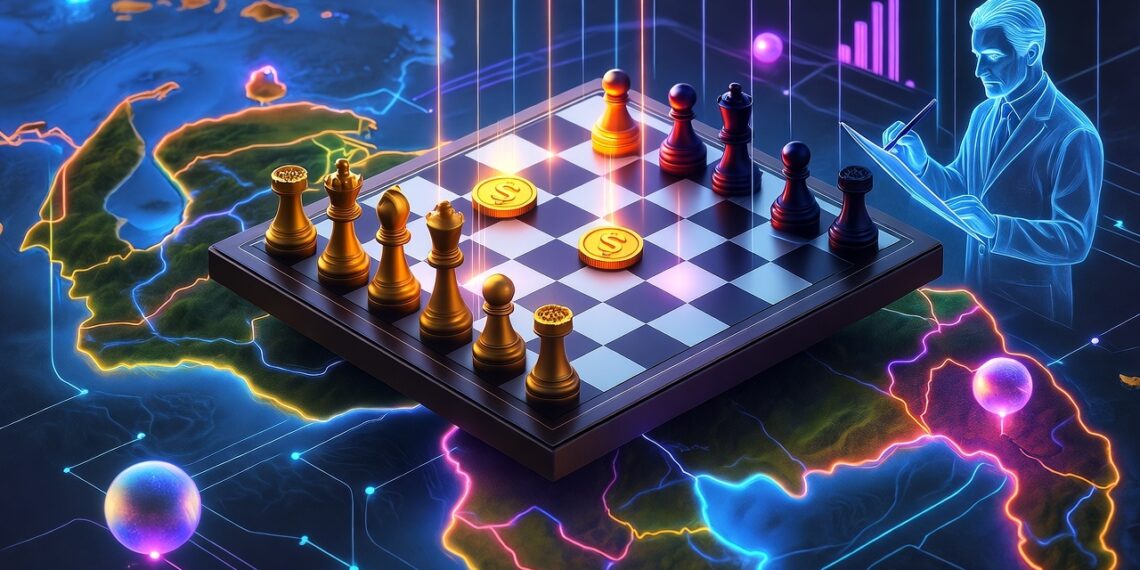 tablero de ajedrez flotante sobre un mapa de Venezuela, con piezas de stablecoins (monedas USDT) moviéndose en patrones luminosos que forman clústeres de datos, mientras una figura etérea de un analista estadounidense observa desde el borde, anotando en un pergamino digital.