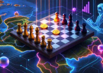 tablero de ajedrez flotante sobre un mapa de Venezuela, con piezas de stablecoins (monedas USDT) moviéndose en patrones luminosos que forman clústeres de datos, mientras una figura etérea de un analista estadounidense observa desde el borde, anotando en un pergamino digital.