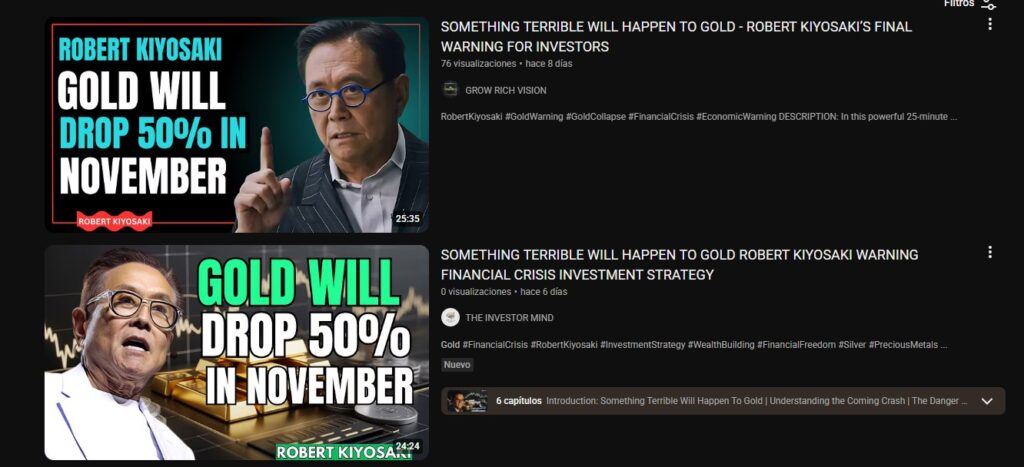 Captura de pantalla de YouTube donde aparece el video falso de Robert Kiyosaki,