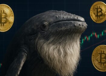 Una ballena con barba canosa y monedas físicas de bitcoin doradas alrededor, de fondo gráficas de mercado.