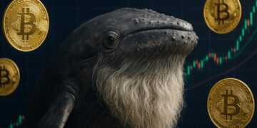 Una ballena con barba canosa y monedas físicas de bitcoin doradas alrededor, de fondo gráficas de mercado.