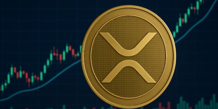 Una moneda física de XRP delante de gráficos de precios.