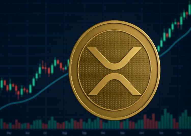 Una moneda física de XRP delante de gráficos de precios.