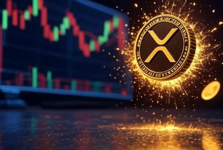 Una moneda física de XRP brillando delante de un gráfico de precios.