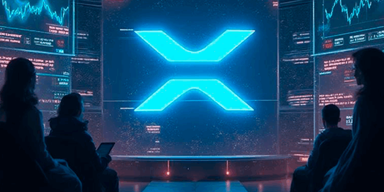 Personas sentadas en un escenario, en este una X que recuerda la imagen de XRP