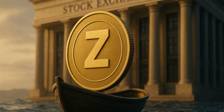 Una gran moneda física de Zcash dorada sobre un pequeño bote de madera que avanza por el mar y al fondo, un edificio de la bolsa de valores.