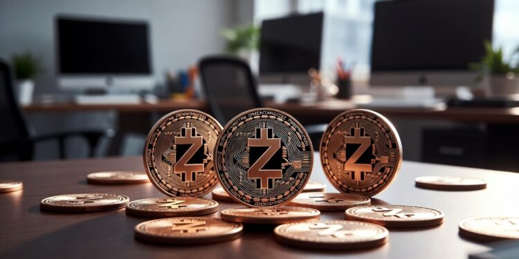 Varias monedas físicas de Zcash apiladas y dispersas sobre un escritorio de madera oscura en una oficina moderna.