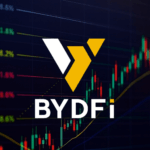 Logo de BYDFi en primer plano sobre un fondo de gráficos de trading con velas y líneas técnicas