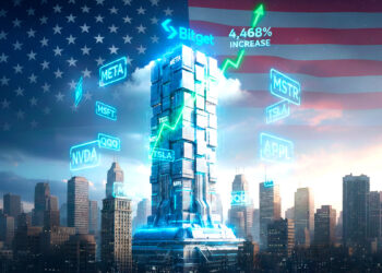 Edificio tecnológico se alza por sobre la ciudad, con el logo de Bitget encima mostrando un incremento del 4.468%, con acciones holográficas flotando alrededor, y una bandera estadounidense en el cielo