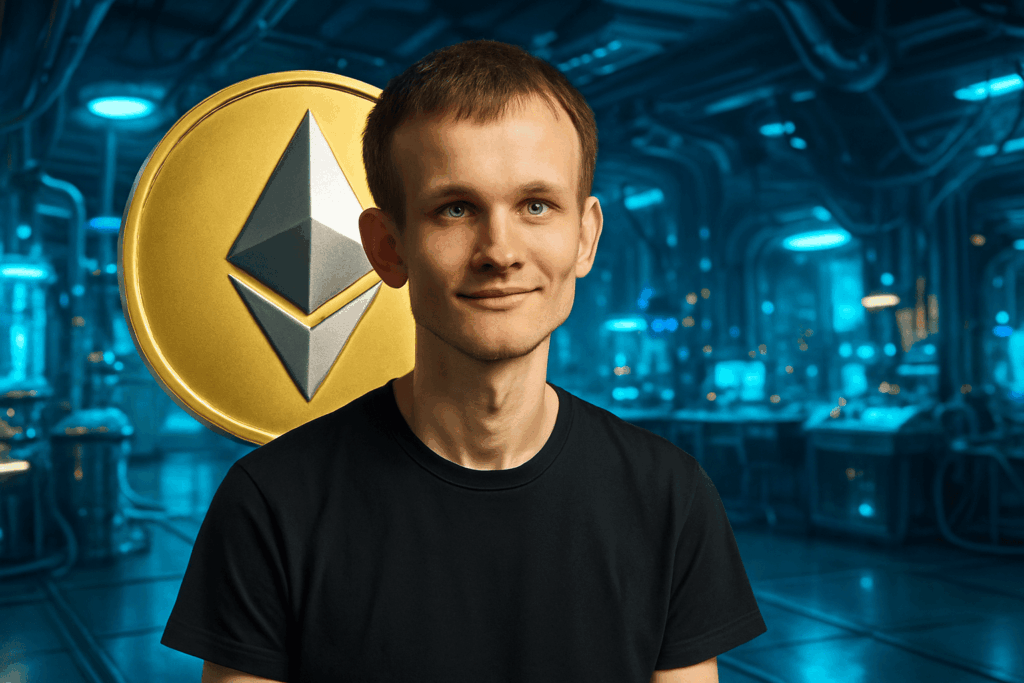 Vitalik Buterin junto a una moneda de Ethereum.