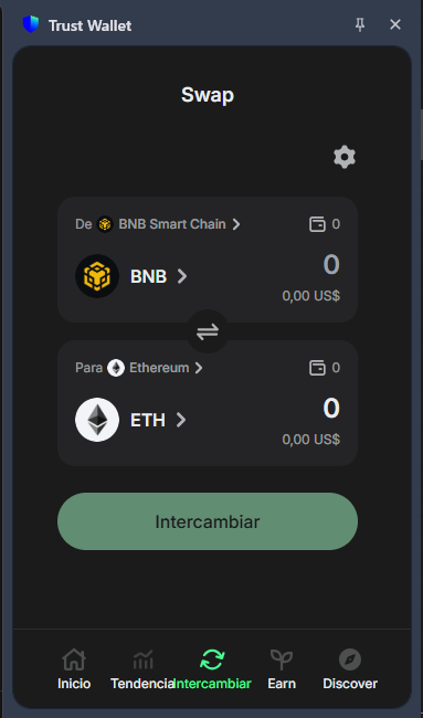 Captura de la interfaz de swap de tokens de la aplicación Trust Wallet