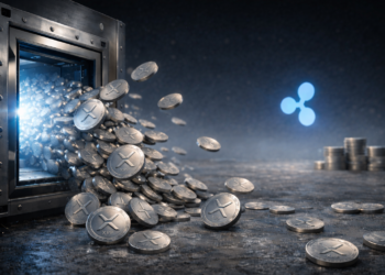 Monedas de Ripple salen rápidamente de una caja fuerte, al fondo se observa el logo de su emisor Ripple Labs.