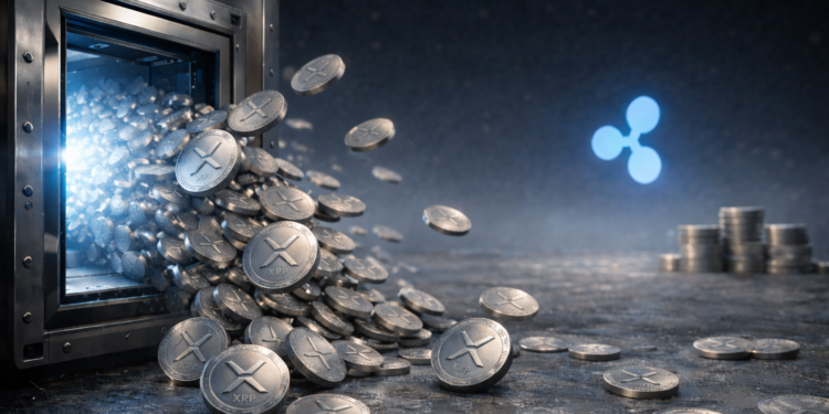 Monedas de Ripple salen rápidamente de una caja fuerte, al fondo se observa el logo de su emisor Ripple Labs.